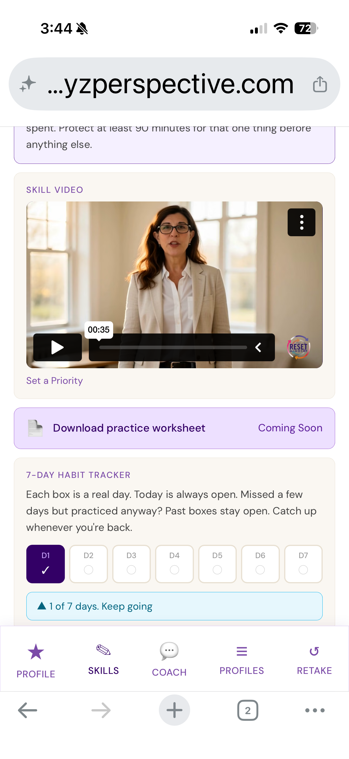 Focus Skills skill page showing the Set a Priority practice prompt, skill video, and 7-day habit tracker
