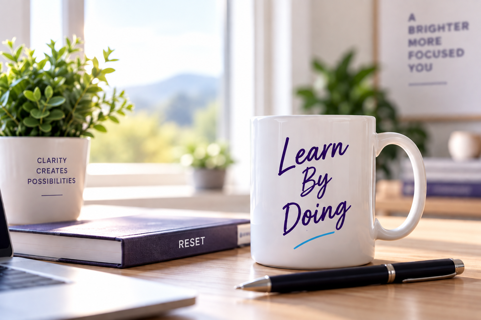 A mug reading New Perspectives, Better Decisions on a desk with a notebook and pen