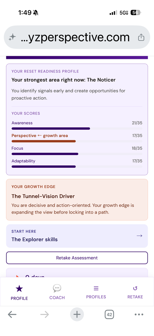 Reset Readiness profile score screen