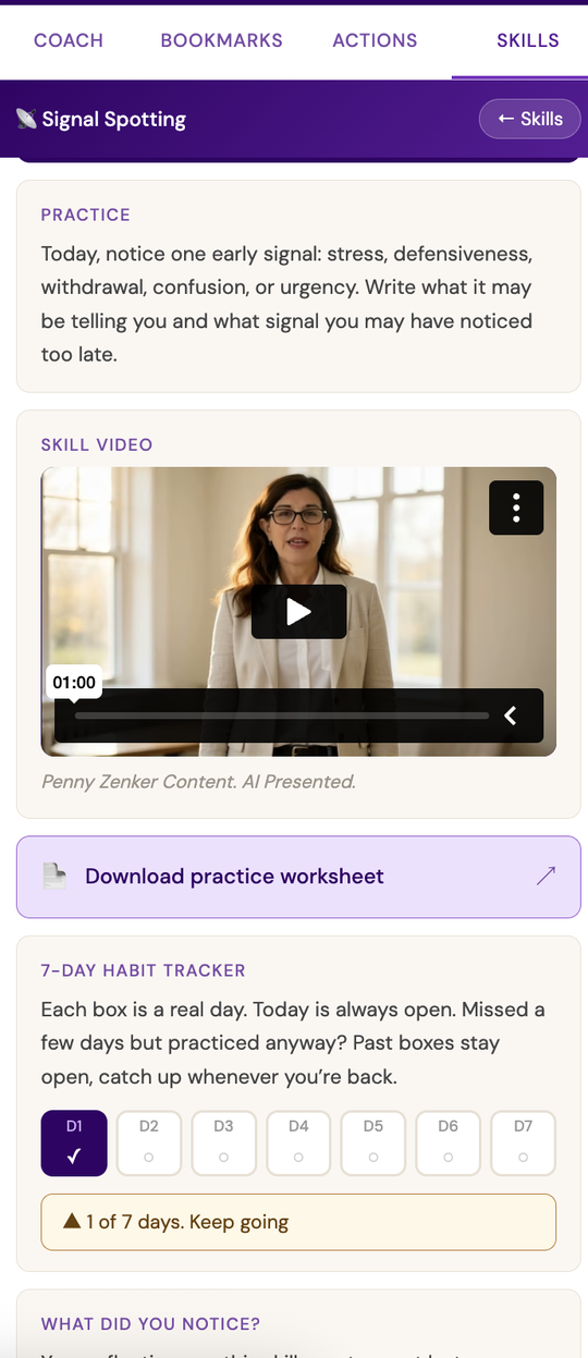 Reset Readiness skill page showing the Signal Spotting practice prompt, skill video, and 7-day habit tracker