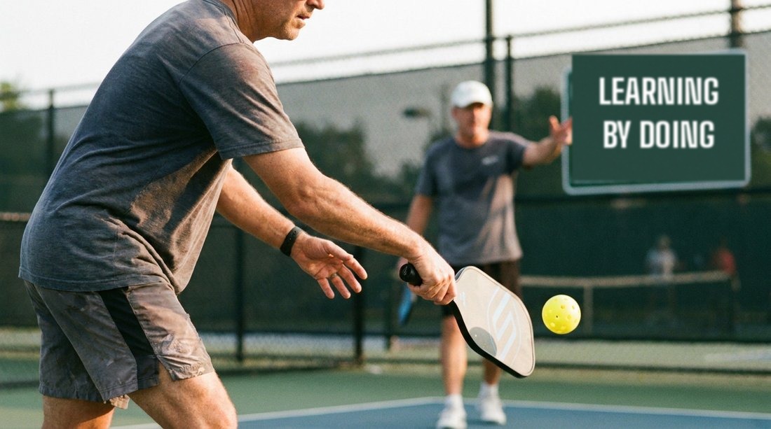 Two players in a rally on a community pickleball court, paddle meeting the ball